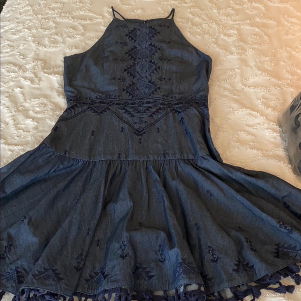 Parker Aztec Blue Denim Fringe Drop Waist Dress